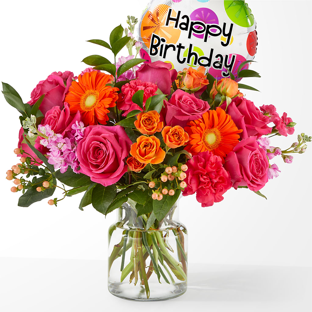 Fiesta Bouquet with Birthday Balloon – FELTY-ROLAND FLORIST & PLANT INC, Elizabethton TN