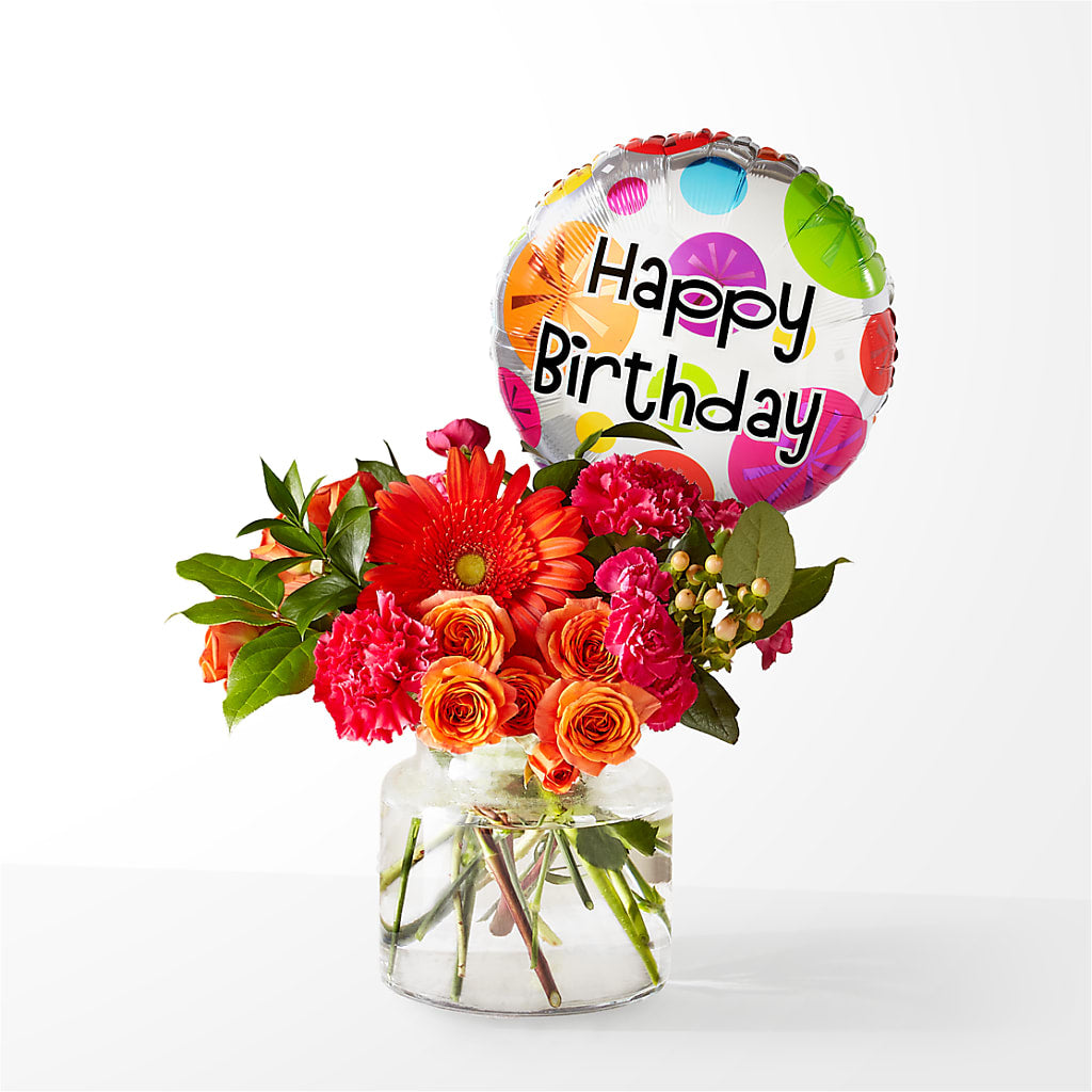Fiesta Bouquet with Birthday Balloon – FELTY-ROLAND FLORIST & PLANT INC, Elizabethton TN