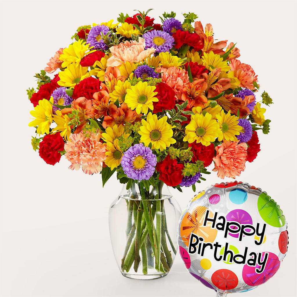 Kaleidoscope Bouquet with Birthday Balloon – FELTY-ROLAND FLORIST & PLANT INC, Elizabethton TN