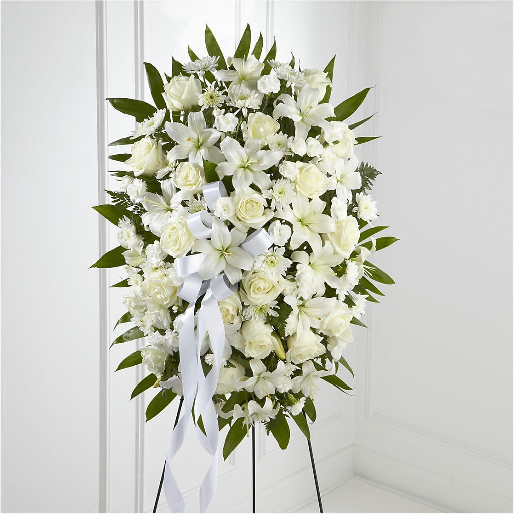 Exquisite Tribute Standing Spray-White Ribbon – FELTY-ROLAND FLORIST & PLANT INC, Elizabethton TN