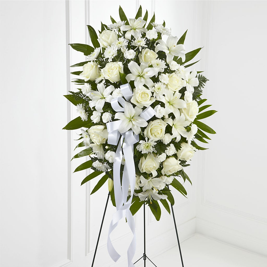 Exquisite Tribute Standing Spray-White Ribbon – FELTY-ROLAND FLORIST & PLANT INC, Elizabethton TN
